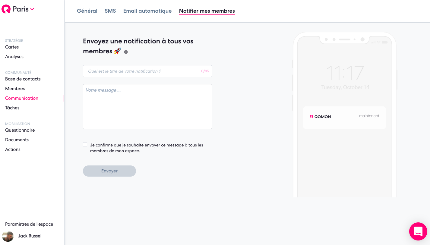 notifications écrire membres qomon plateforme web