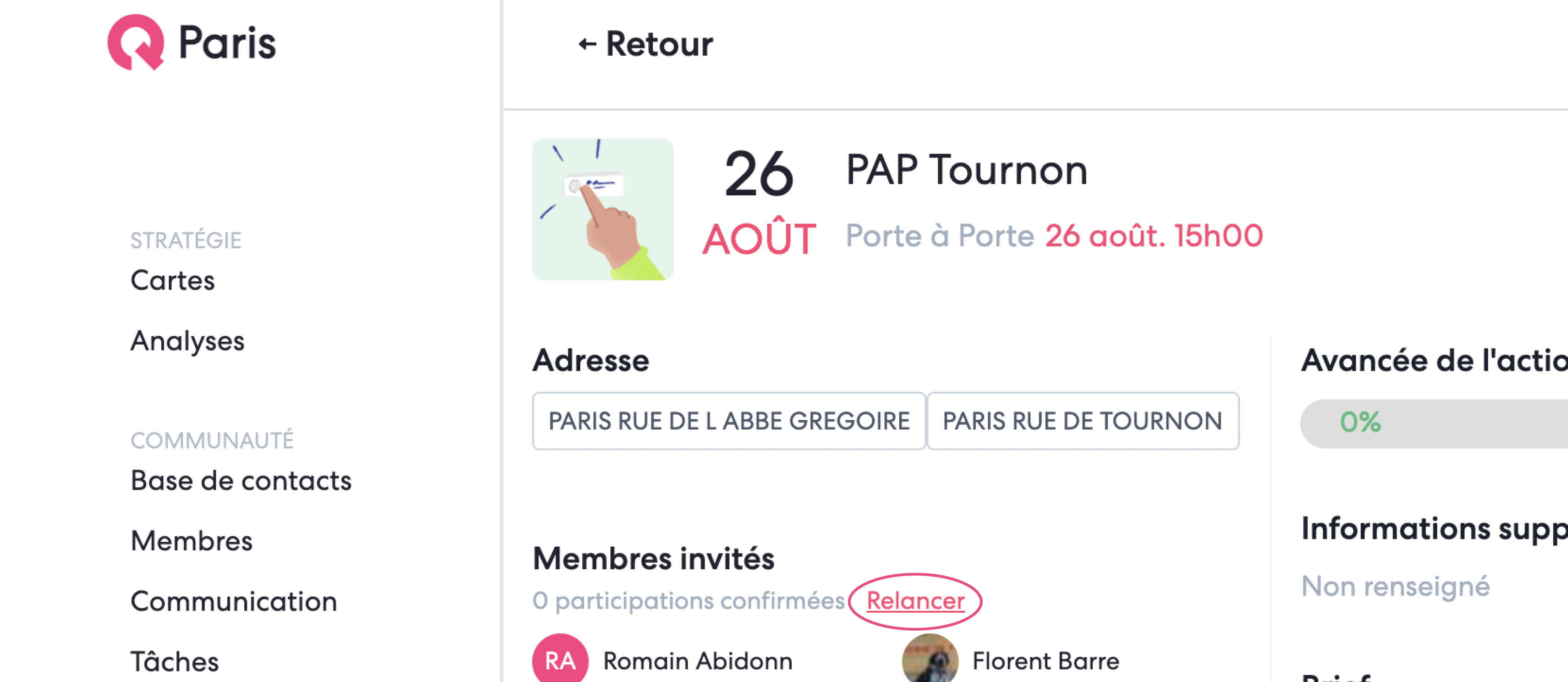Cliquer sur Relancer à droite du nombre de participations
