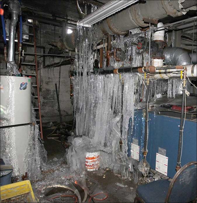 Water pipes bursting and freezing in a winter storm.