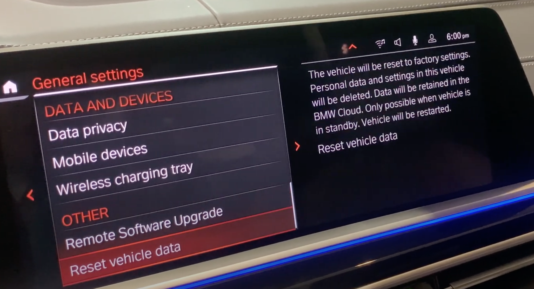 Reset vehicle data option chosen from a list of general vehicle settings