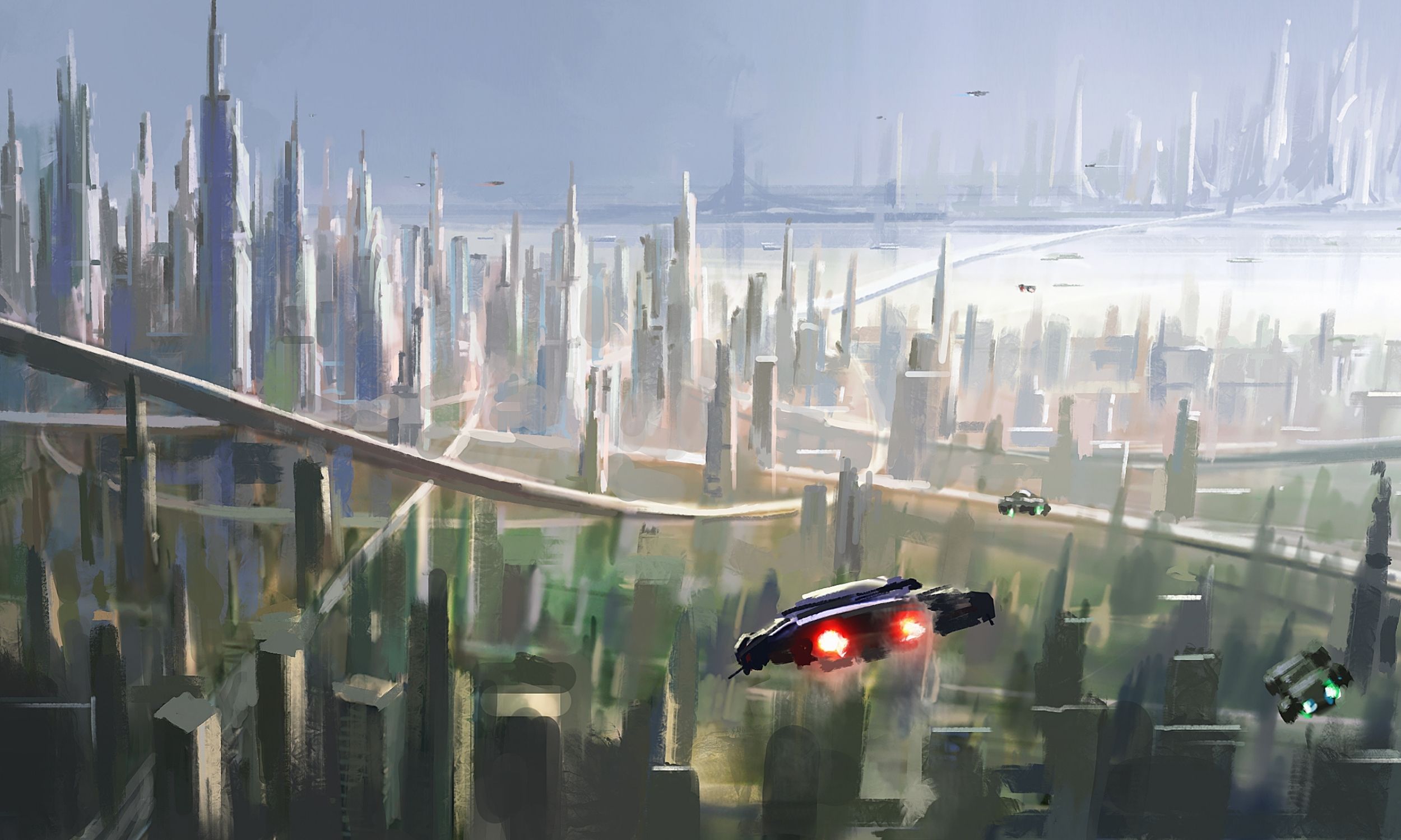 A large city full of skyscrapers, highways, and bridges, with flying cars zooming all over the place.