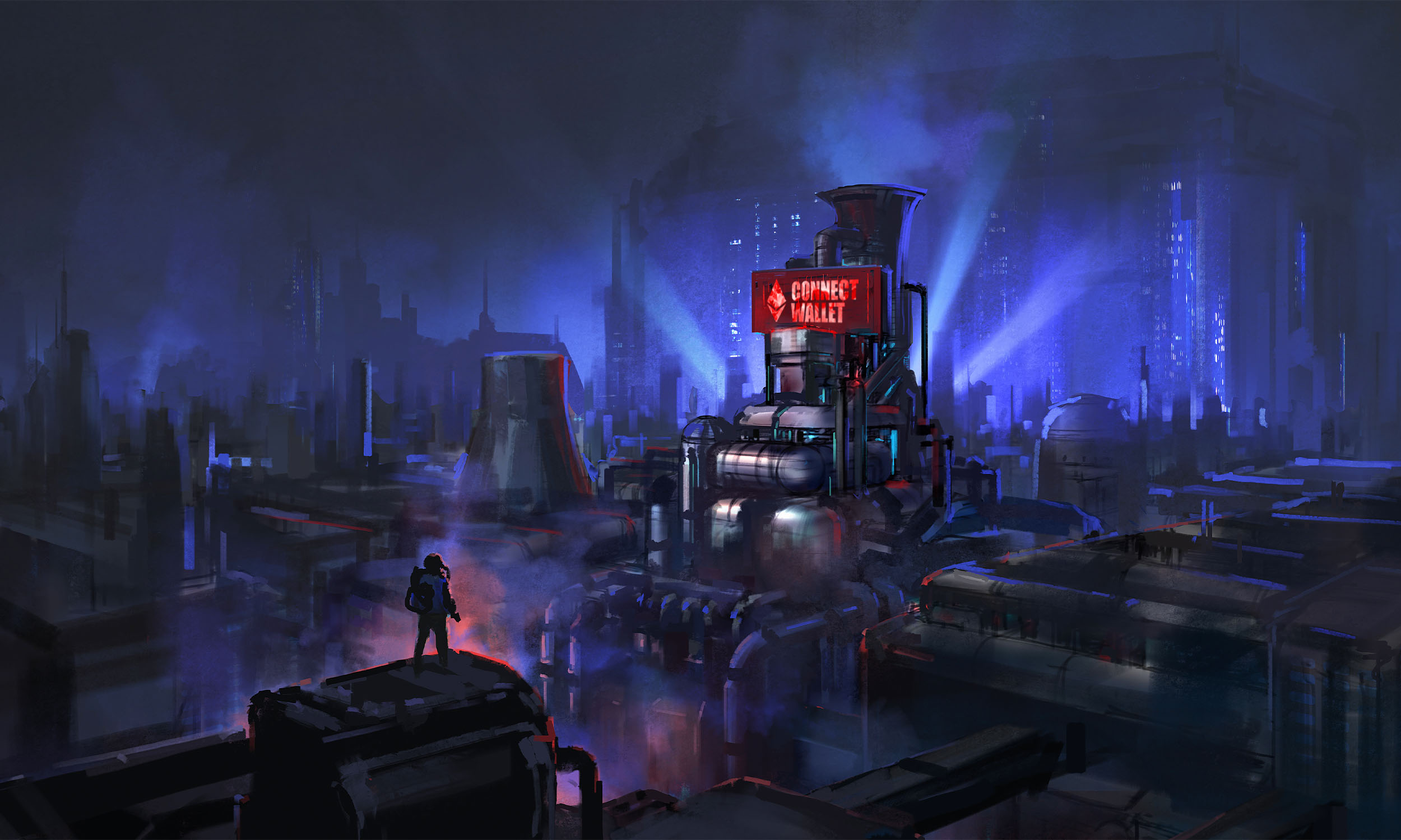 A figure stands on top of a building at night, in an industrial area with tall buildings in the background. One large building has a sign that says "Connect Wallet".