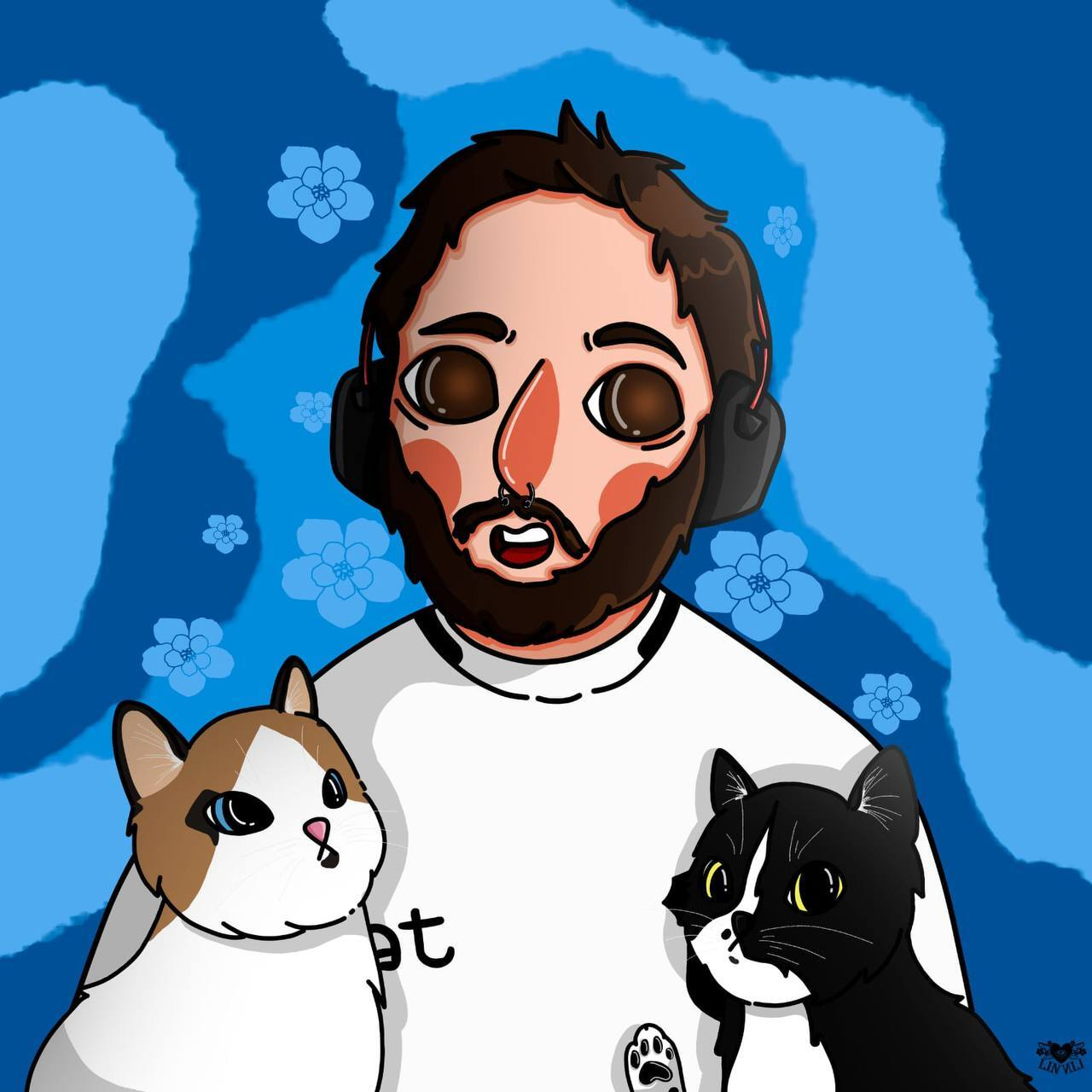 A drawing of Tassio smiling with two cats next to him.
