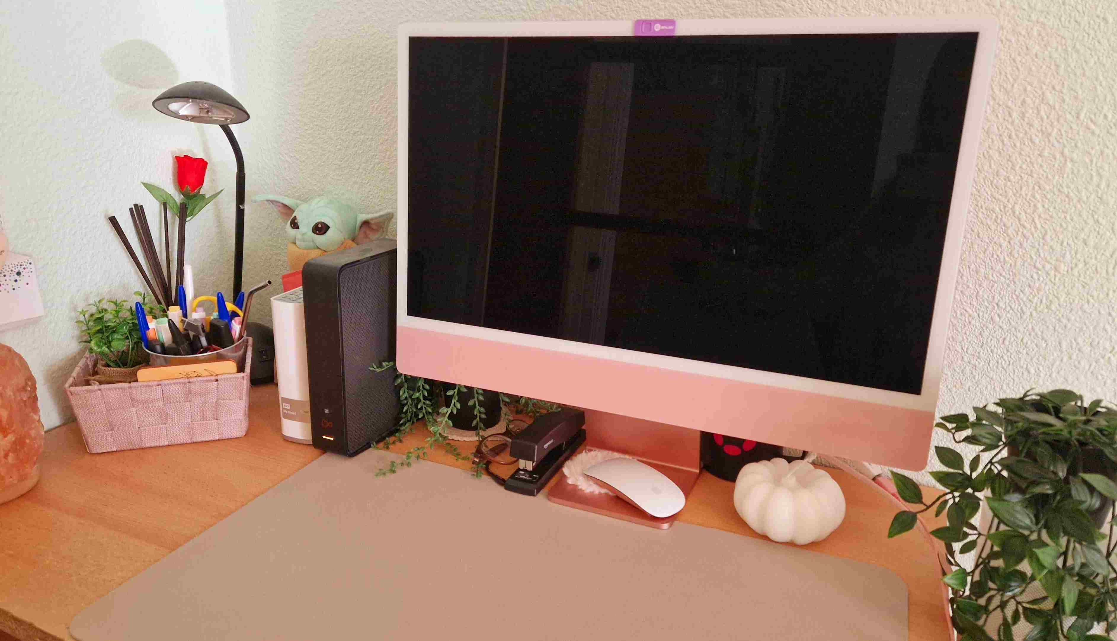 A brown desk supports a pink computer monitor with plants on either side. To the left, a Baby Yoda plushie is poking out.