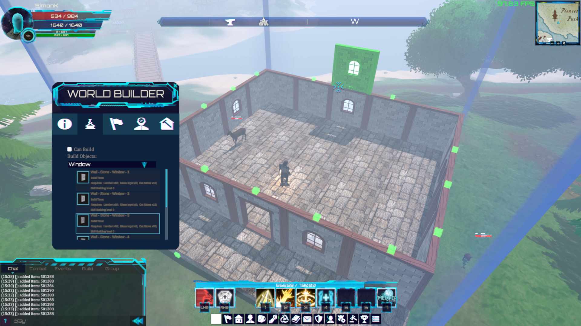 A man in-game builds a house on a green hill next to a river with a bridge. There is no roof yet as he starts to build the 2nd level, and a deer is in the house.