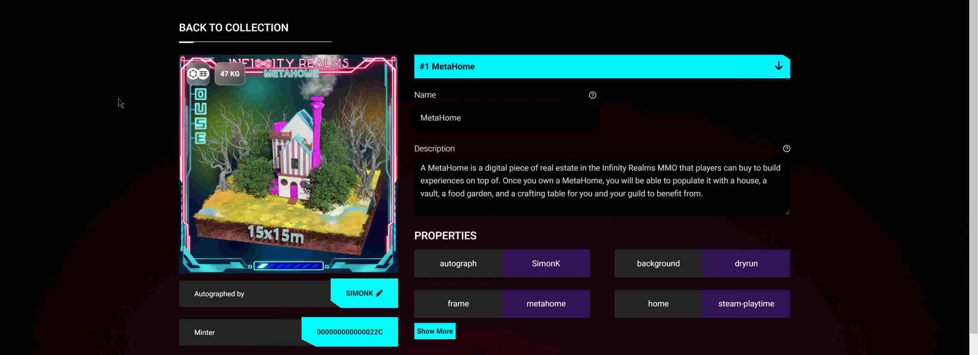 A webpage shows stats of a recently minted NFT. It is a pink, brown, and blue striped house labeled 15x15 meters.