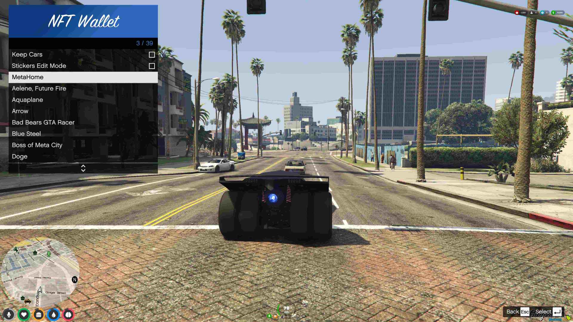 A neighborhood in GTA Online with a black, jet-powered supercar featured. The left side of the screen is a wallet connector showing NFTs.