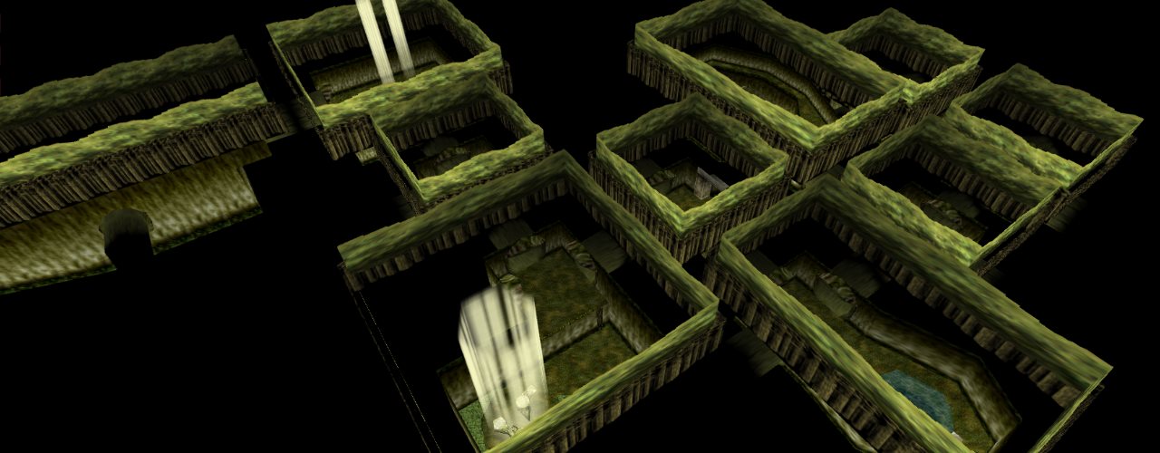 A series of boxes with green textures form different rooms that aren't connected. Around them is black space.