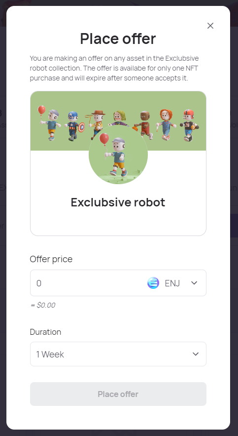A wallet screen is open to place an offer on an "Exclubsive Robot" NFT.