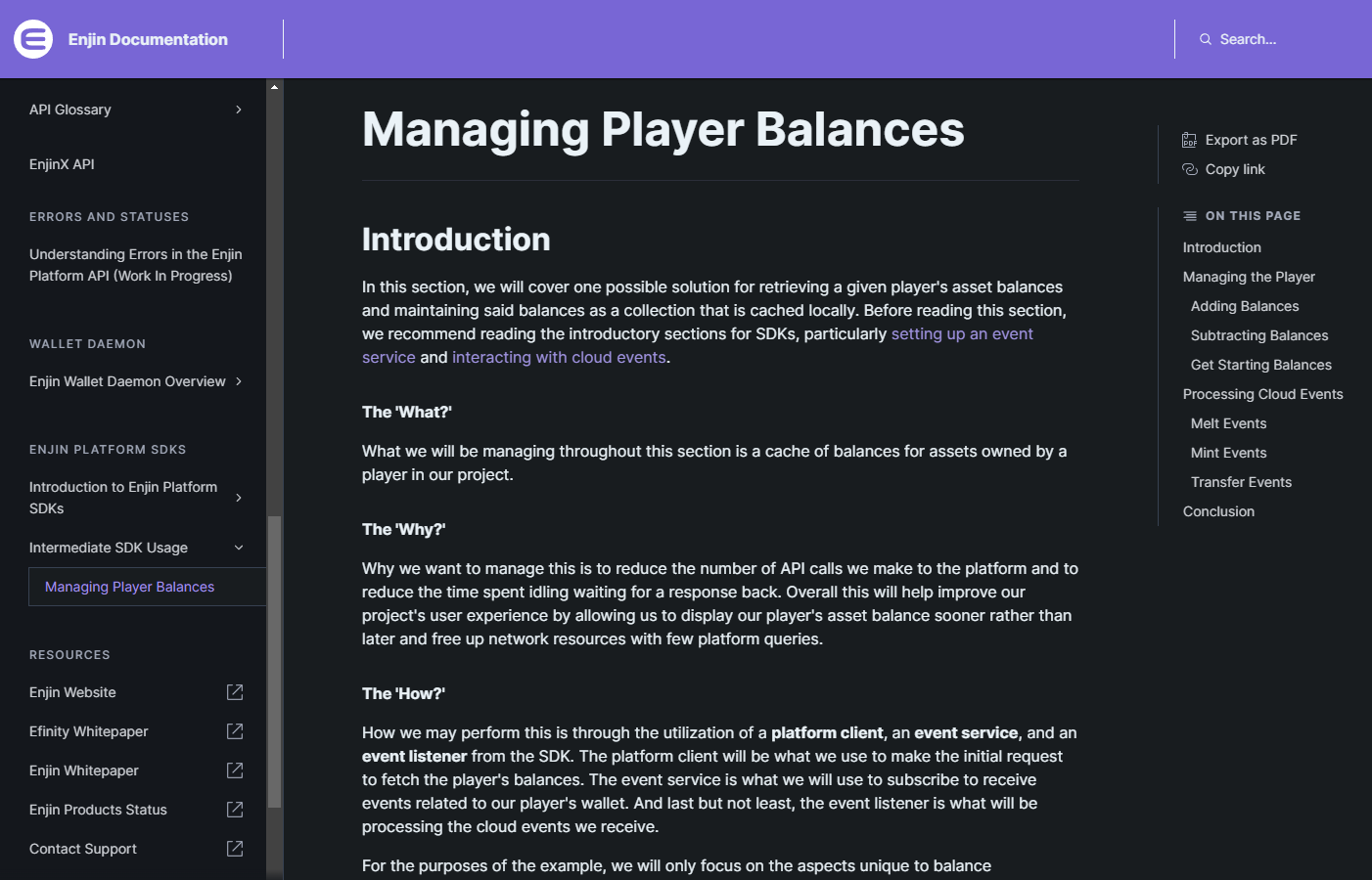 A documentation page is open with the heading "Managing Player Balances".