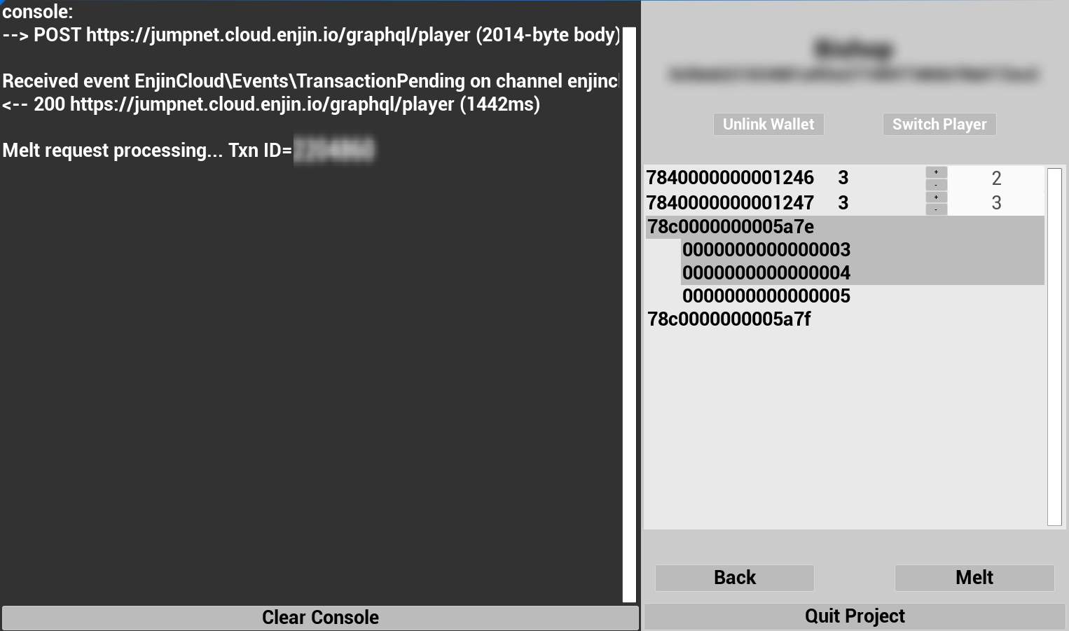 A screenshot from the Unreal Engine SDK processing a request to melt an NFT.