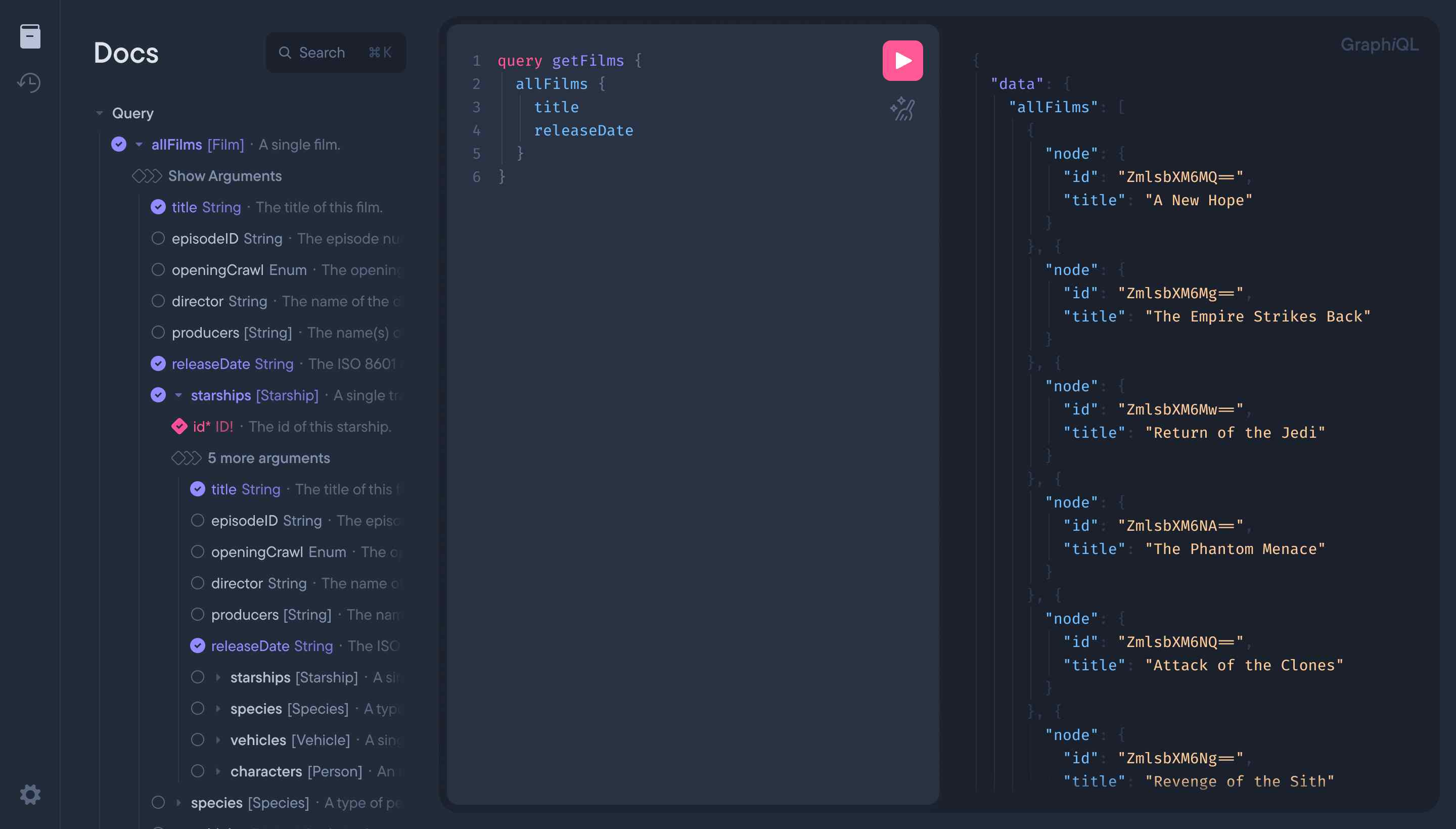 A screenshot of GraphiQL with three columns of code.