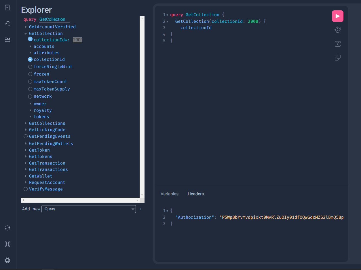 The GraphiQL explorer is shown with a GetCollection query.