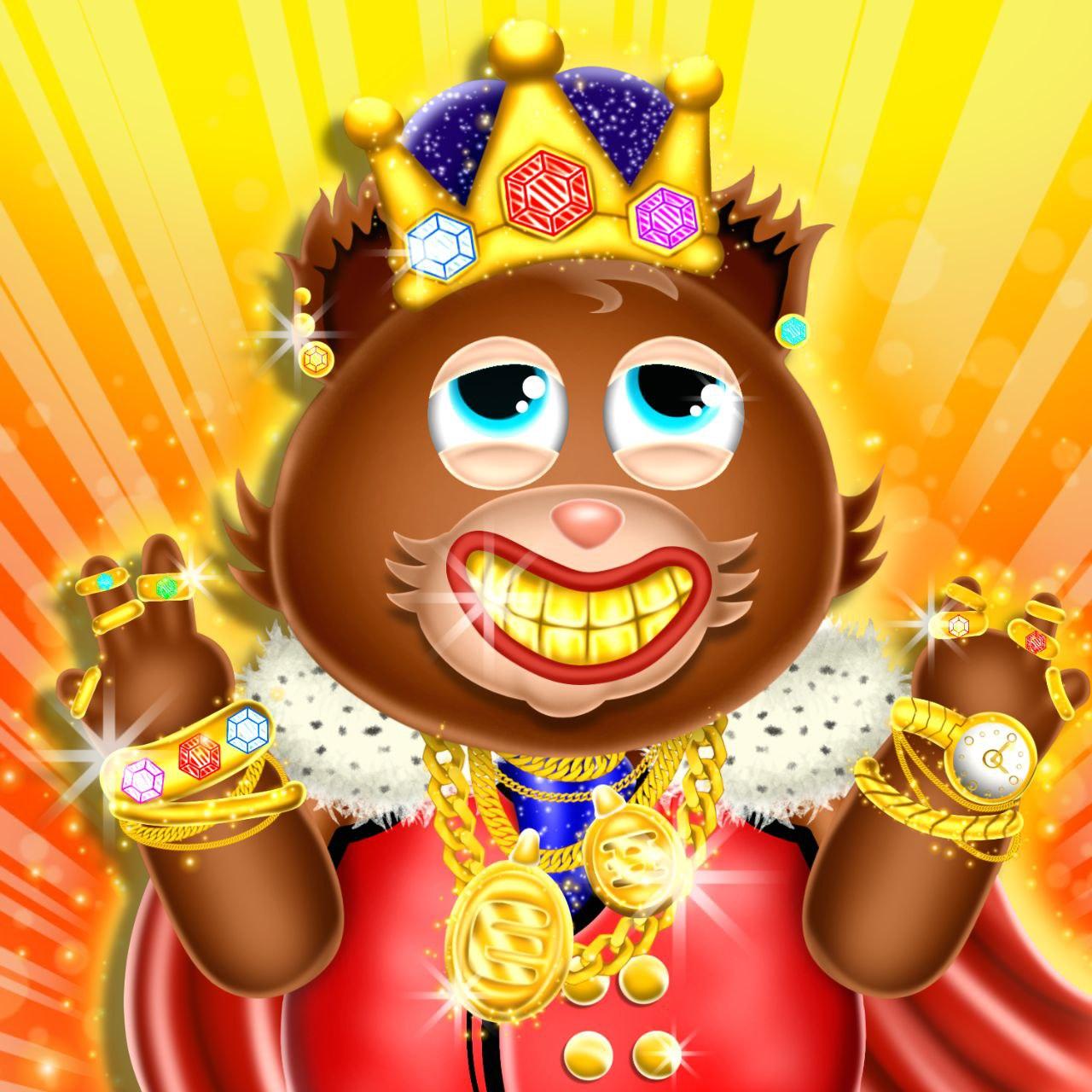 A cartoon character wearing a crown and jewelryDescription automatically generated