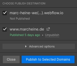 Webflow publish to selevted domain screenshot