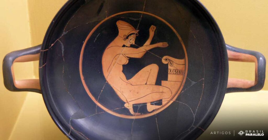 Mulher-adorando-no-templo-grego-em-arte-de-ceramica