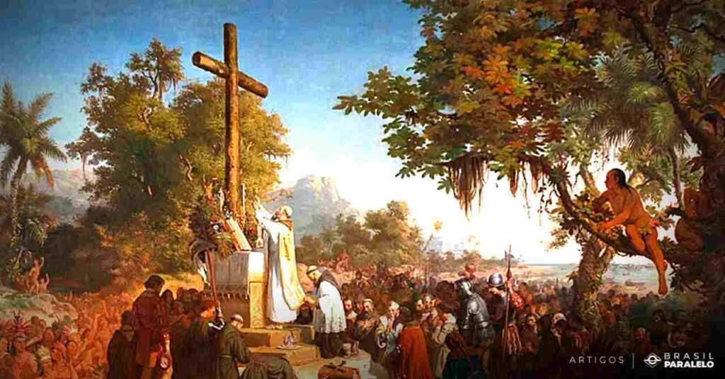 primeira-missa-celebrada-no-brasil-pelos-jesuitas-no-inicio-da-colonizacao-portuguesa