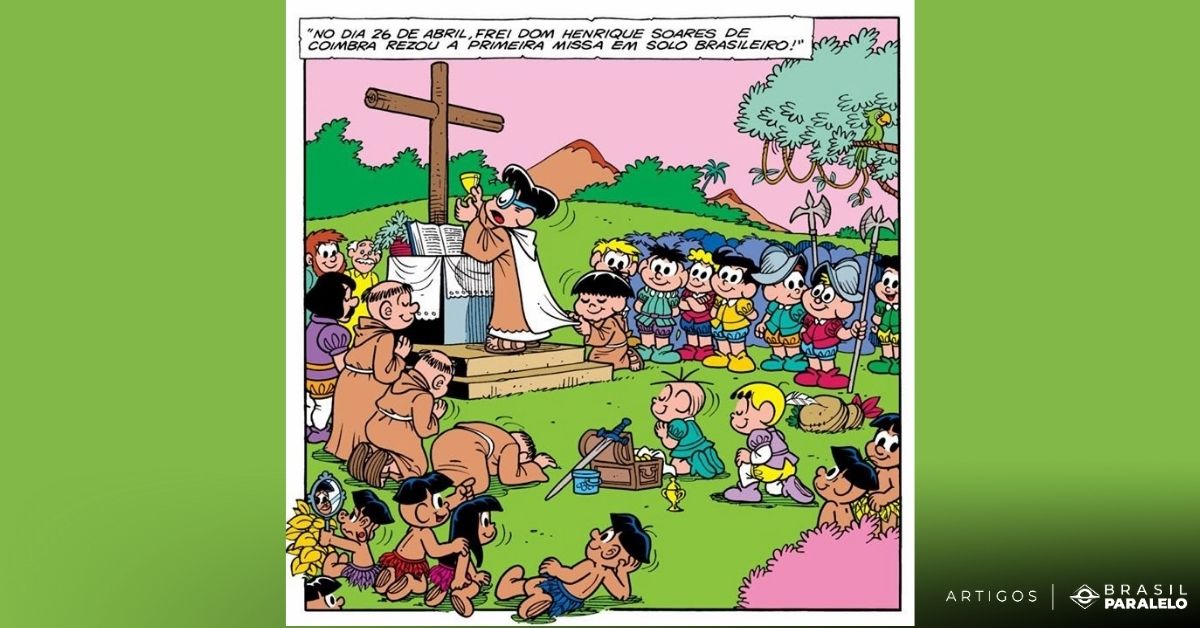 Releitura do quadro A Primeira Missa no Brasil, de Victor Meirelles de Lima, por Maurício de Souza no gibi da Turma da Mônica