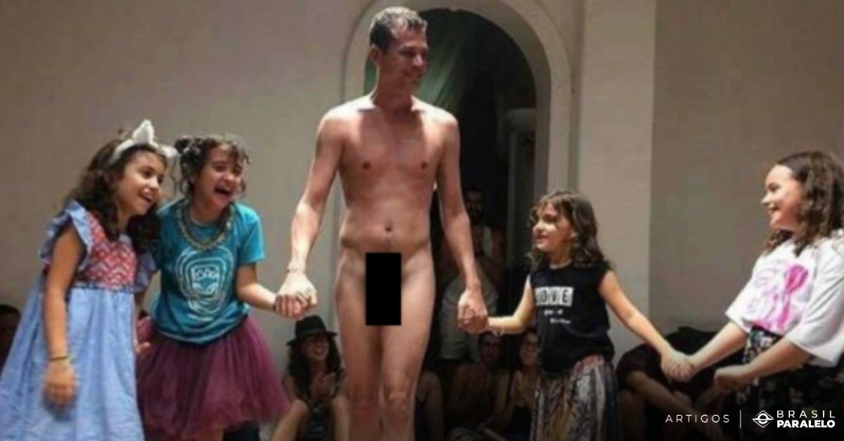 homem dançando pelado com crianças no mam, tentativa de releitura de obra de arte - "peladão do mam"