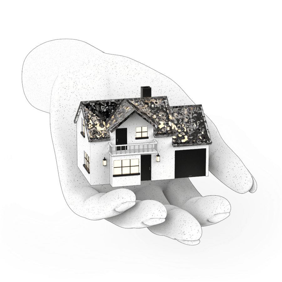 A speckled house floating in a cupped hand
