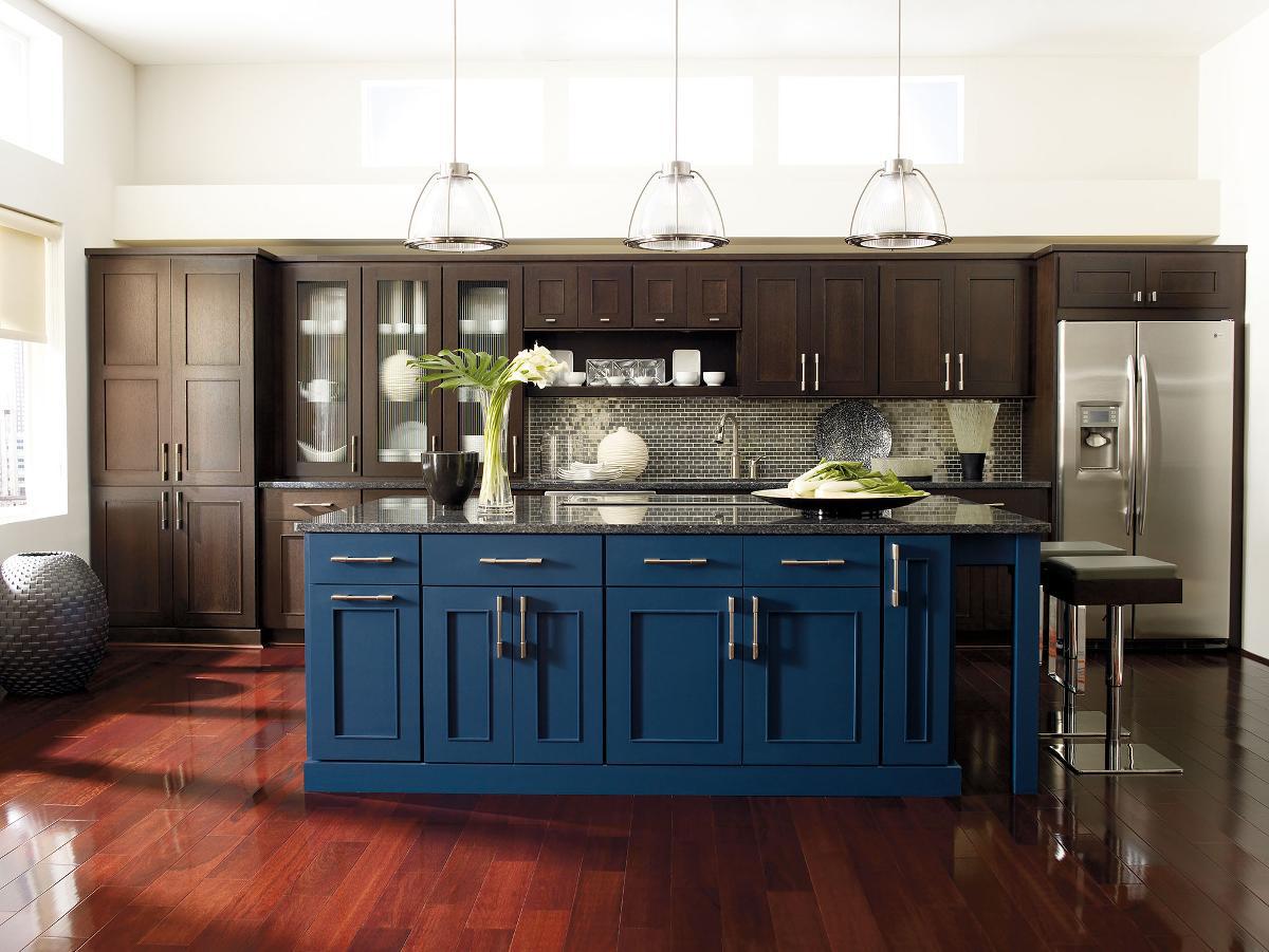 kitchen island blue cupboards