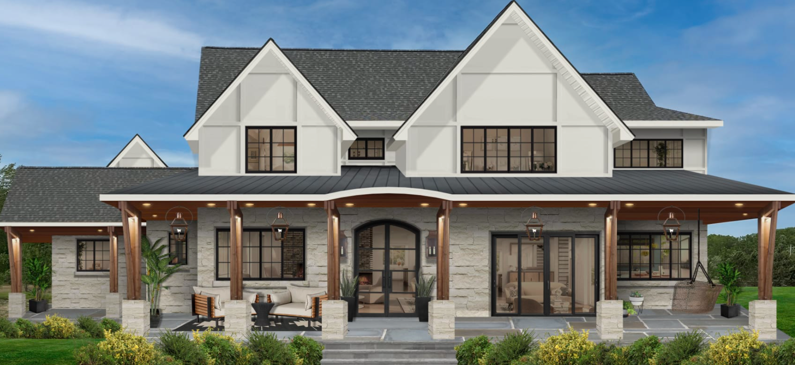 A exterior shot of a home surrounded by trees painted in Benjamin Moore’s Classic Gray.