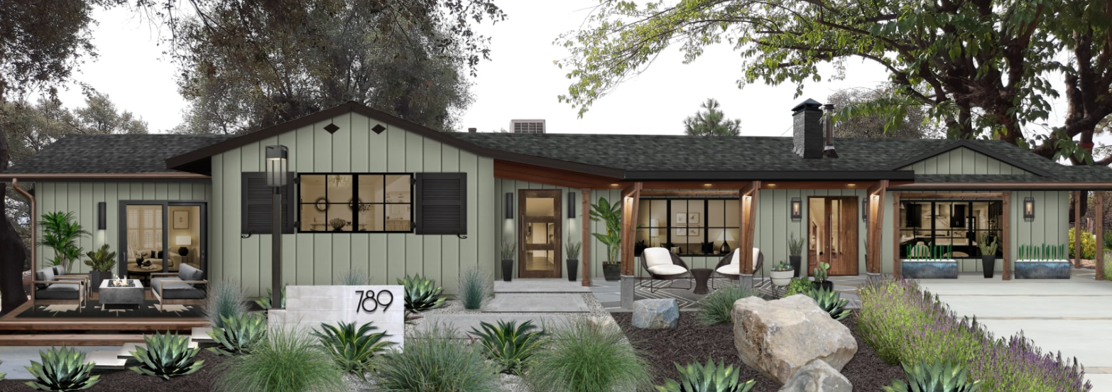 A exterior shot of a home surrounded by trees painted in Sherwin Williams’ Dried Thyme