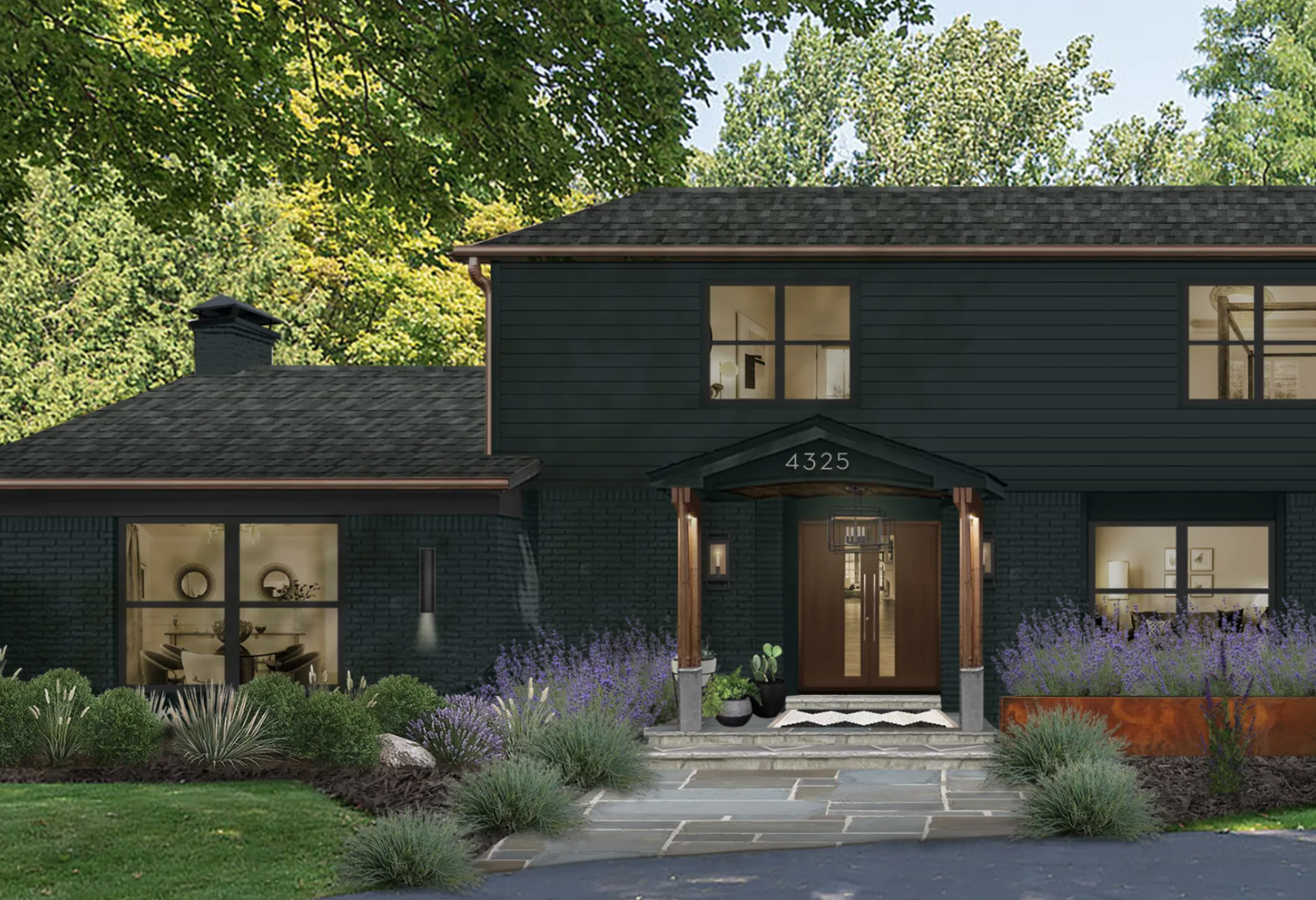 A exterior shot of a home surrounded by trees painted in Benjamin Moore’s Black Forest Green.