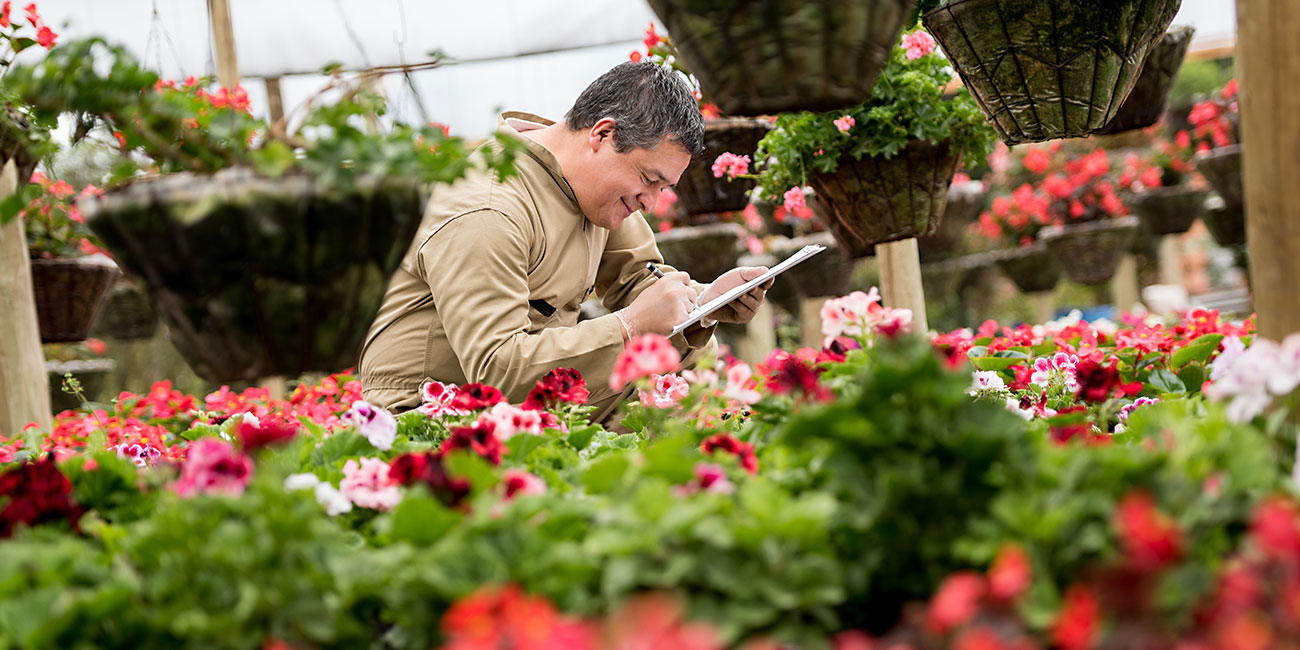 man working at a greenhouse taking notes on a clipboard