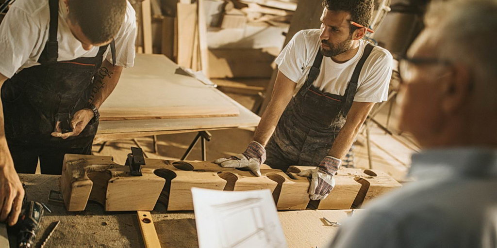 Consultant and two workers working on project in carpentry workshop.