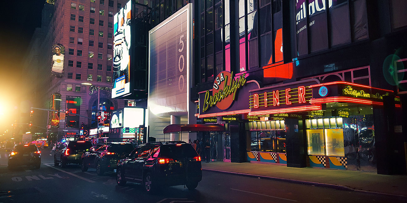 street view of diner late at night