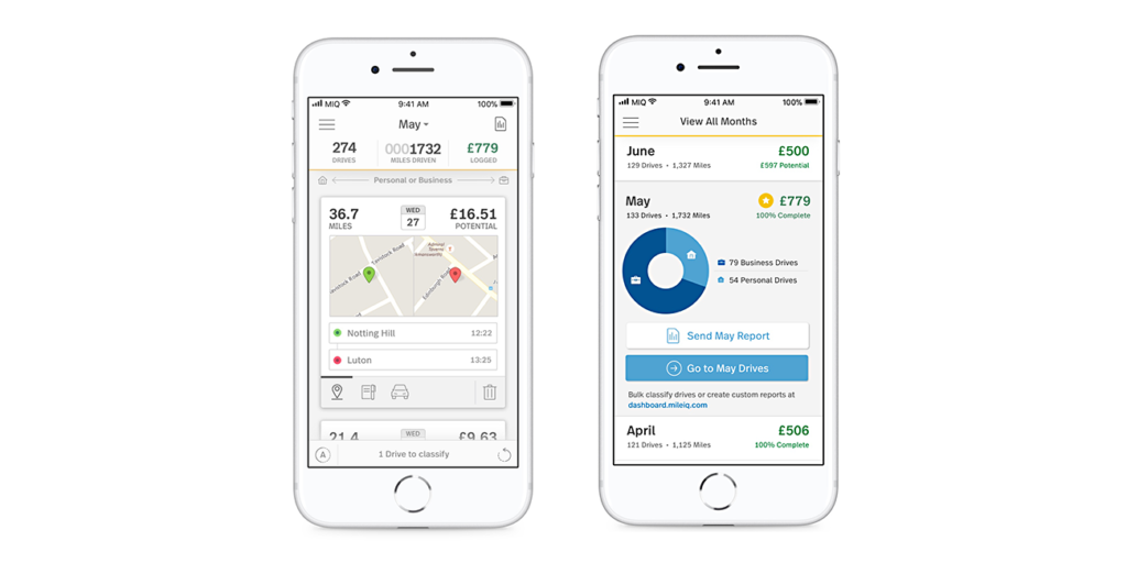 mileiq mileage log app displayed on 2 iphones