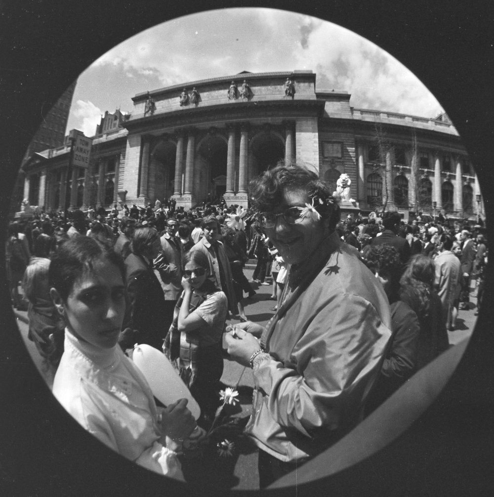 Fisheye photo showing New York Public Library during Earth Day, April 22, 1970 The first Earth Day included demonstrations demanding city and national protections for the environment. Mayor John V. Lindsay spoke from the steps of the New York Public Library and in Union Square about the need to reduce pollution and enact policies that would improve the quality of life.