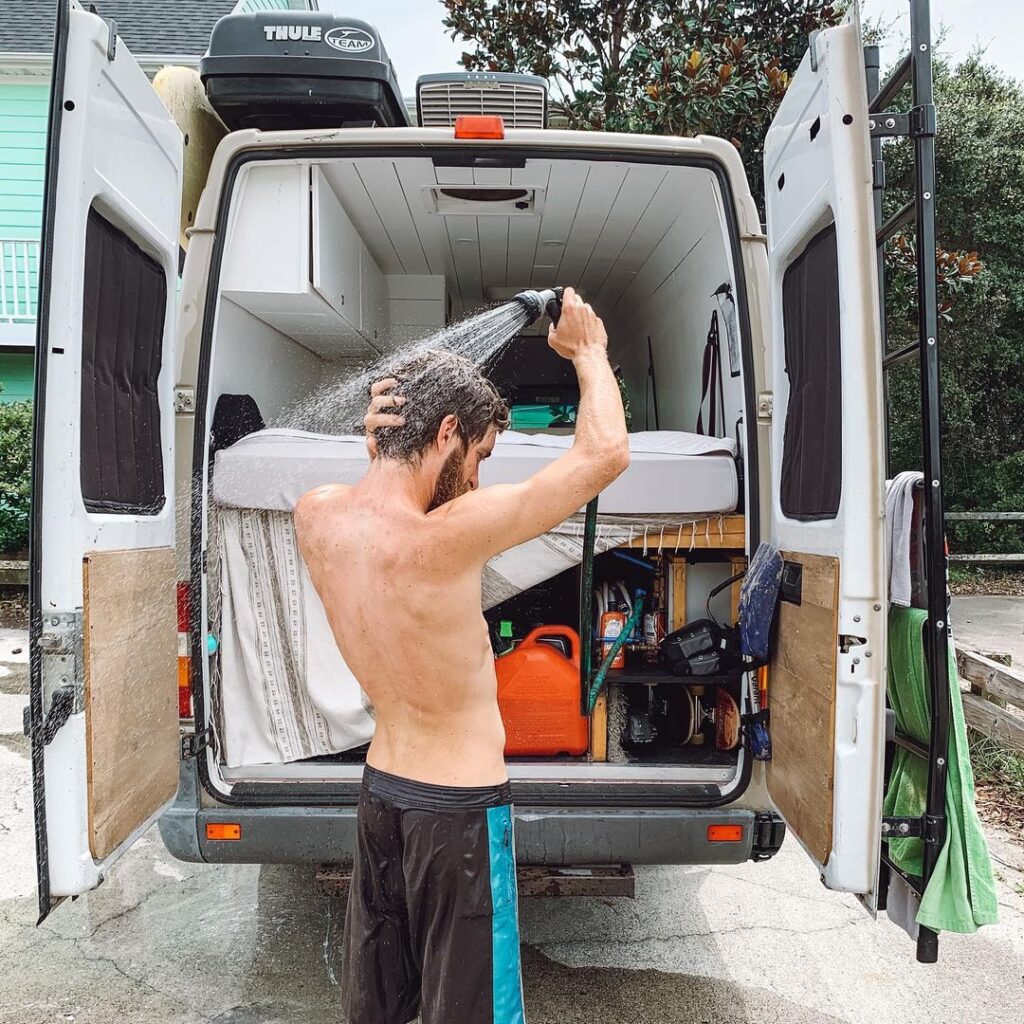 Amanda and zach 2006 mercedes sprinter van conversion outdoor shower