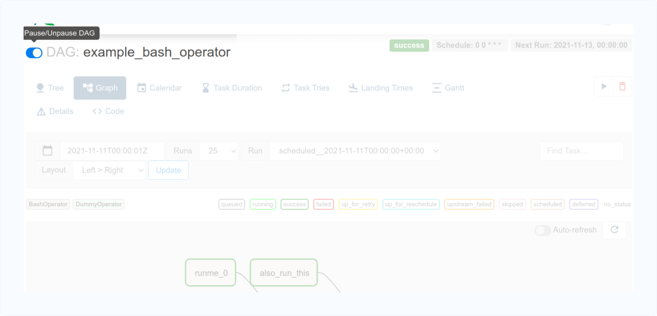 Image showcasing the DAG pause switch on in Apache Airflow