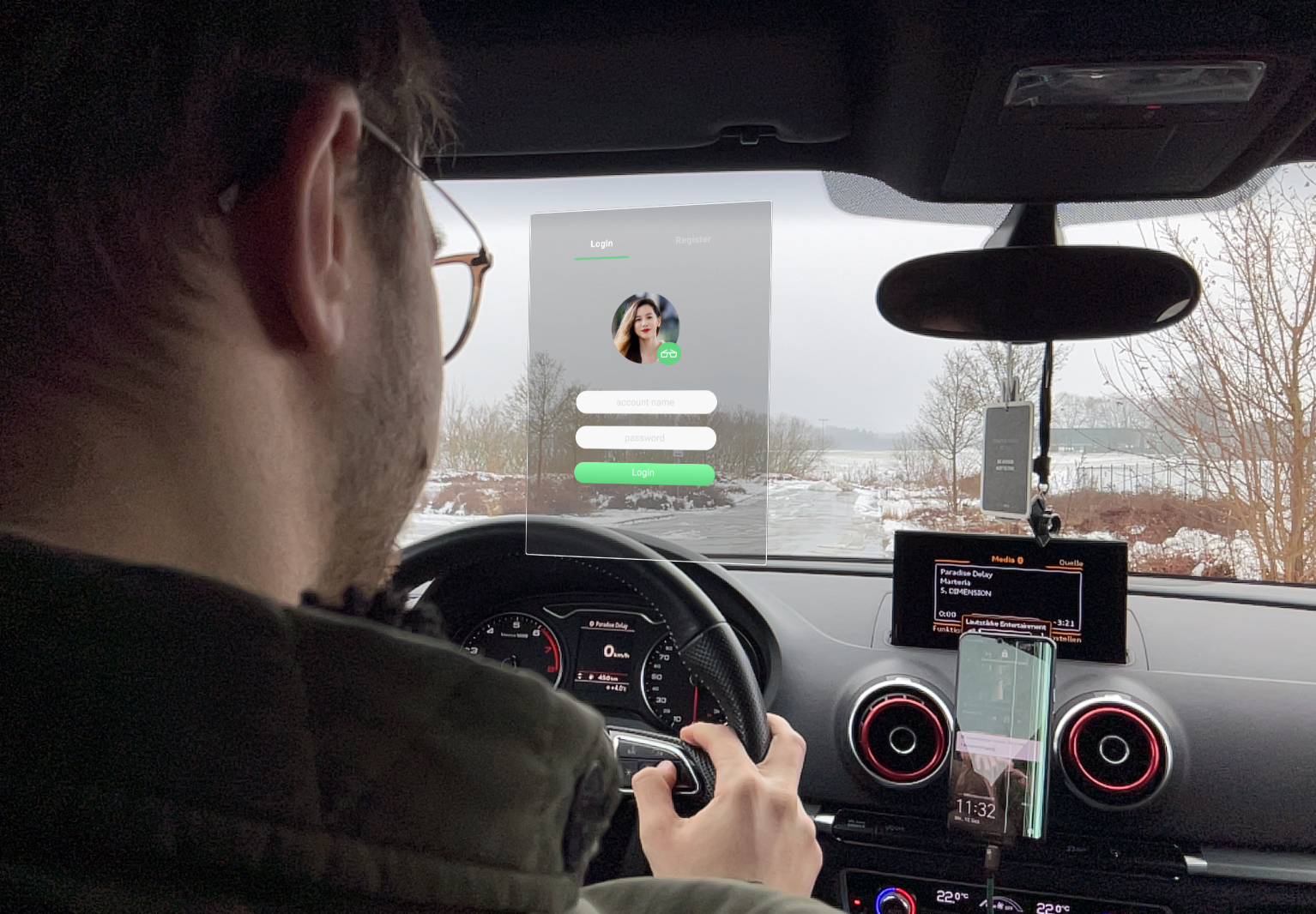 Ein Prototyping Test zeigt den erstellten Login Screen mit Augmented Reality im Auto über dem Lenkrad schwebend