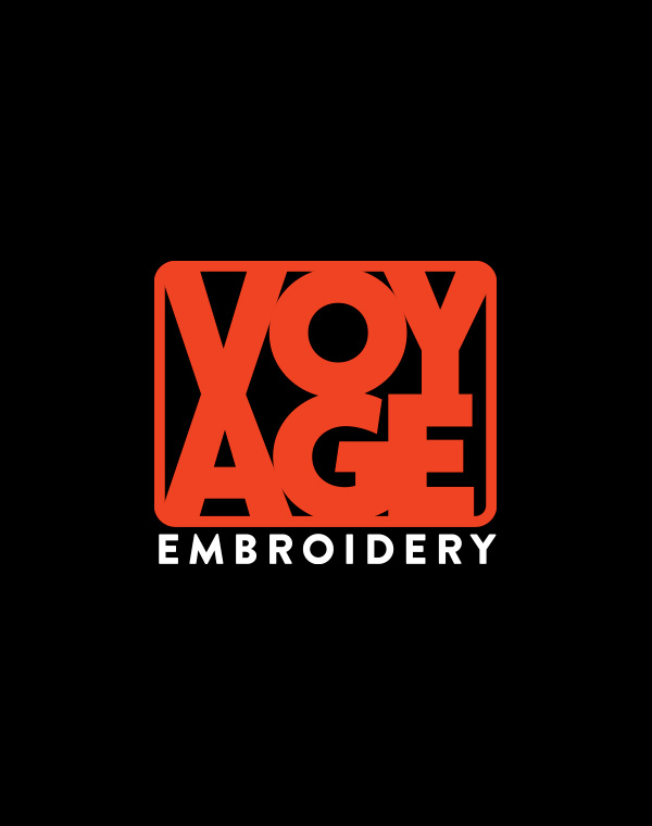 Black background with red voyage embroidery logo on it
