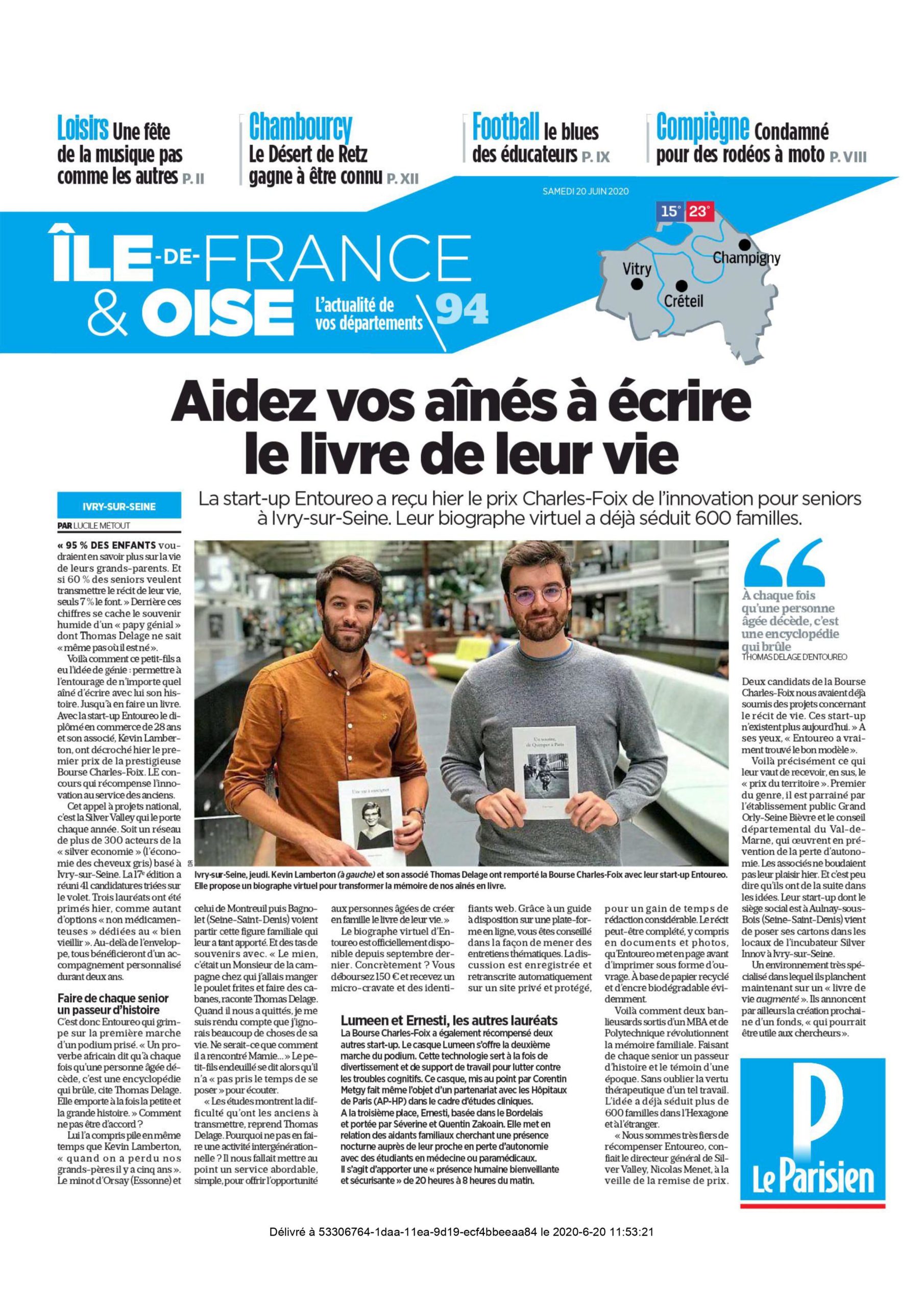 Une du Parisien 94, Entoureo remporte le premier prix de la Bourse Charles-Foix