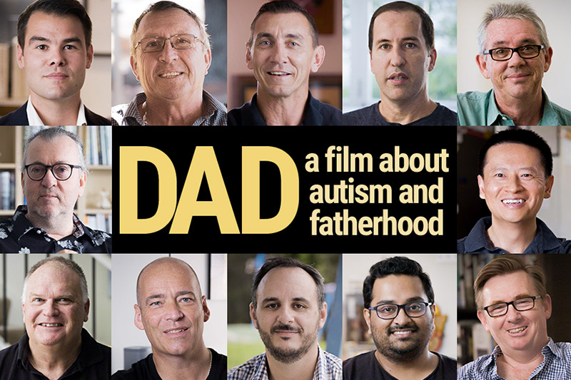 Small photos of 12 dads featured in film around the film logo