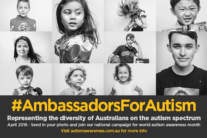 Photos of 12 kids with autism and the Ambassadors for Autism logo