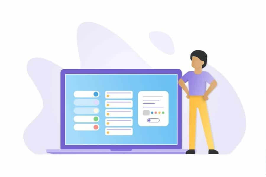Concept illustration of person standing next to giant laptop with dashboard on screen