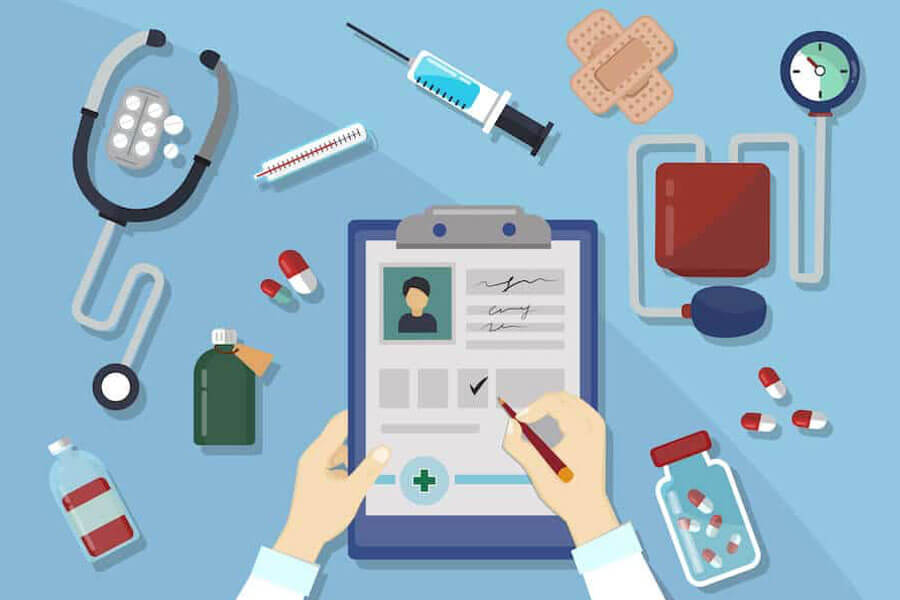 Concept illustration doctor writing medical notes with pills, stethoscope, blood pressure reader
