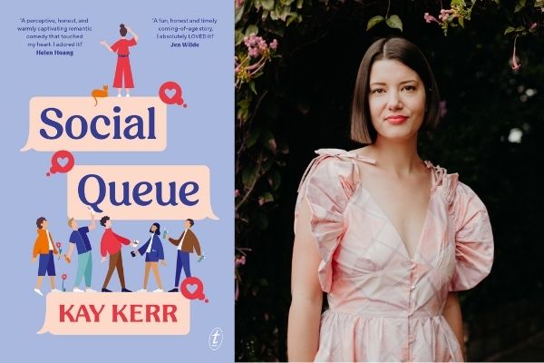 Social Queue Book cover and Kay Kerr wearing pink dress