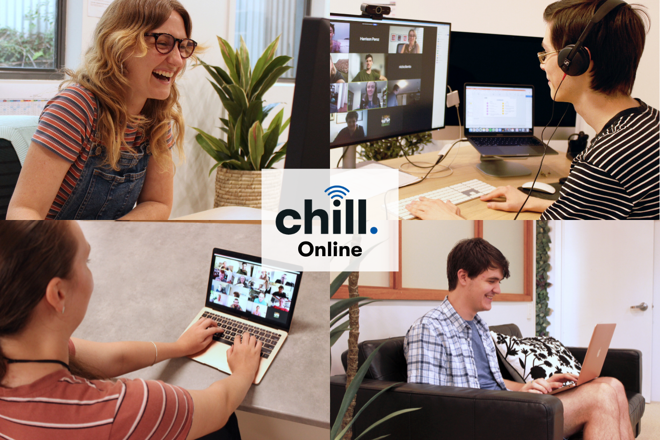 adult autistics around infront of their computers with CHILL logo in the center