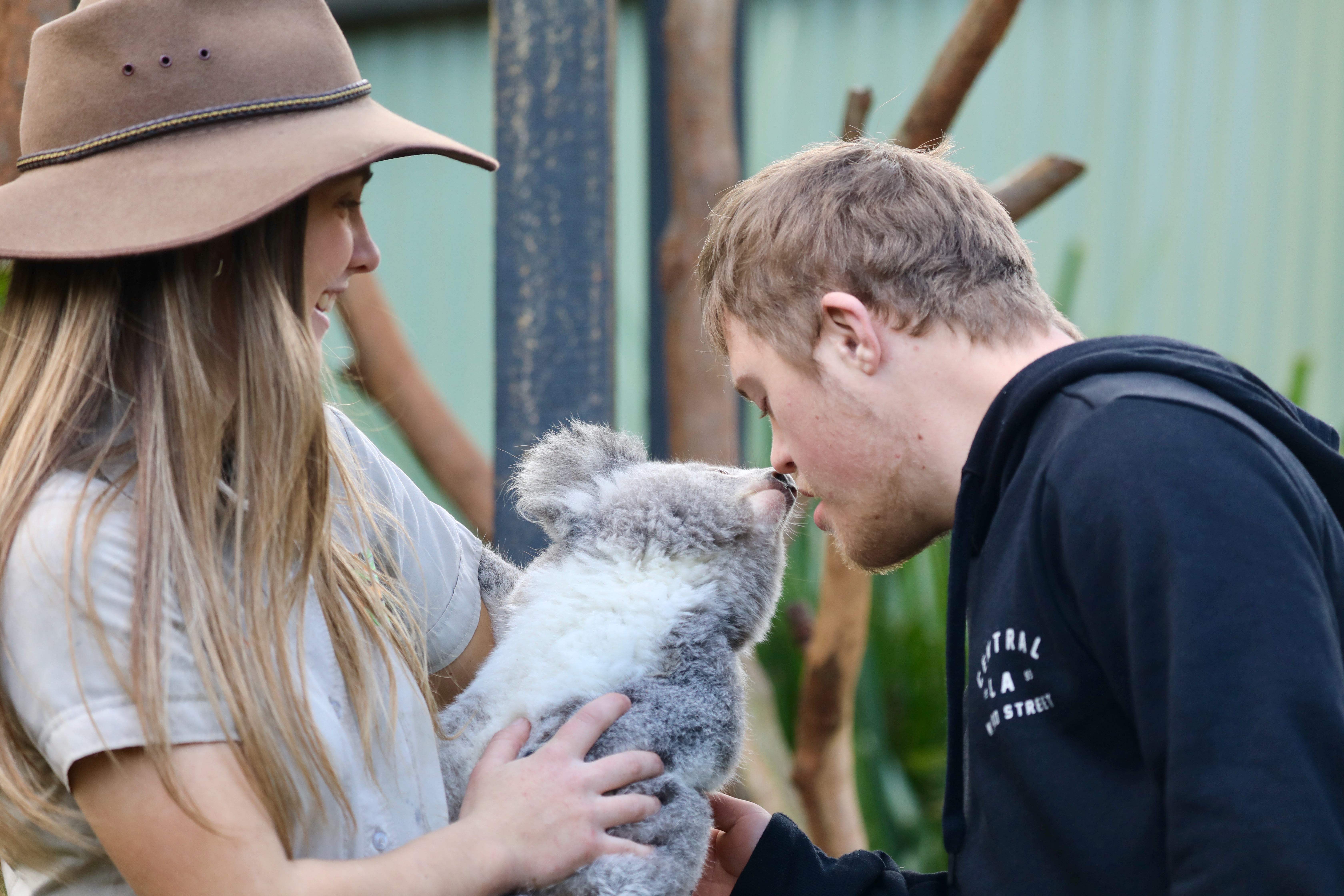 autistic male kissing a koala being held by a zoo keepr