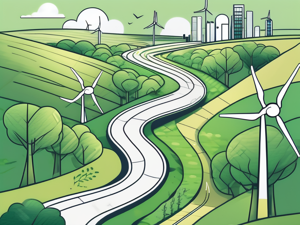 a winding path leading towards a clean, green city, with symbols of renewable energy sources like wind turbines, solar panels, and electric vehicles along the path, hand-drawn abstract illustration for a company blog, white background, professional, minimalist, clean lines, faded colors