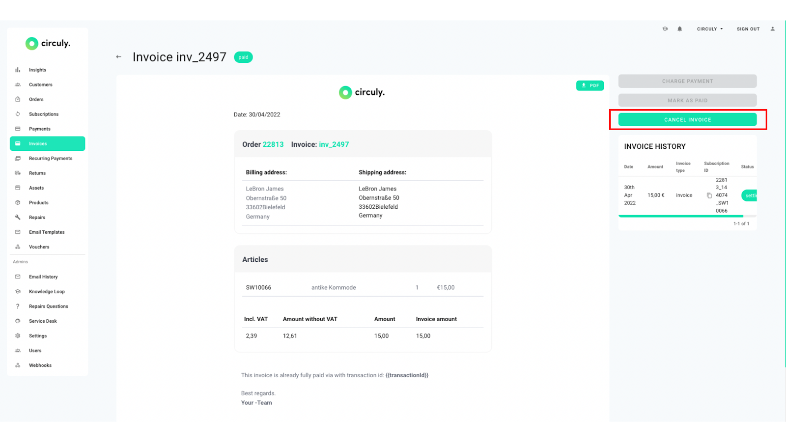 Screenshot of invoices tab in the circuly operations backend to show the cancellation invoices feature and process