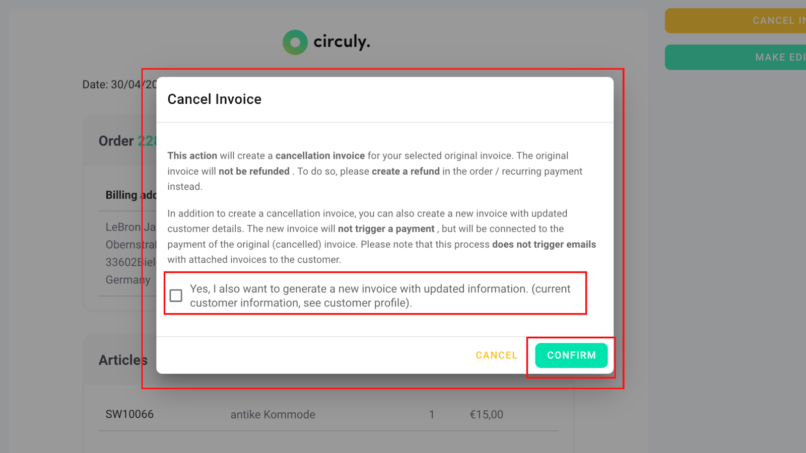 Screenshot of invoices tab in the circuly operations backend to show the cancellation invoices feature and process