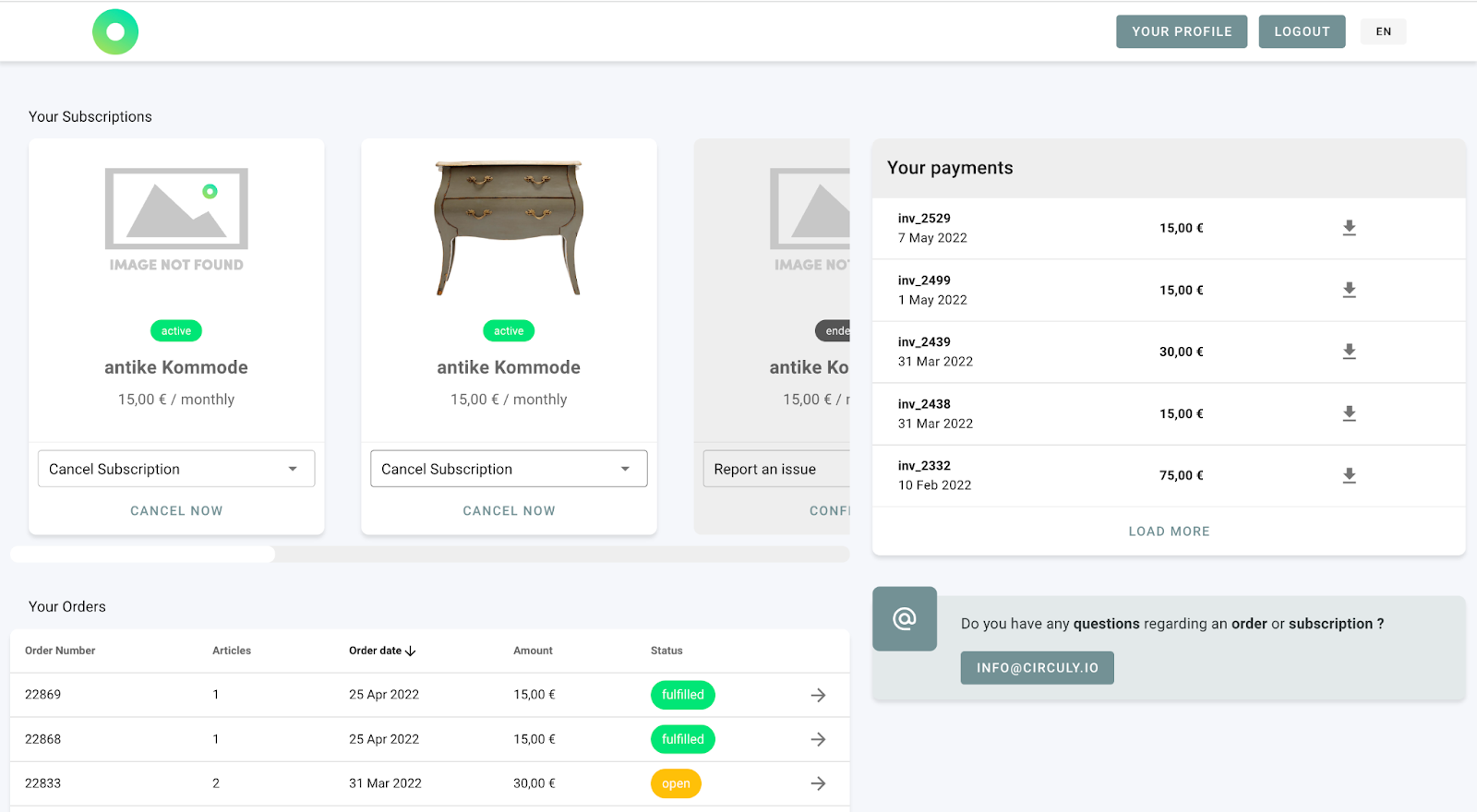 Screenshot of the circuly customer self-service to show the cancellation button