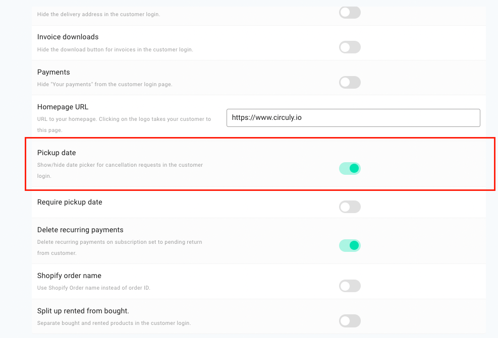 Scrrenshot of the settings tab in the circuly operations backend to show the pickup date setting